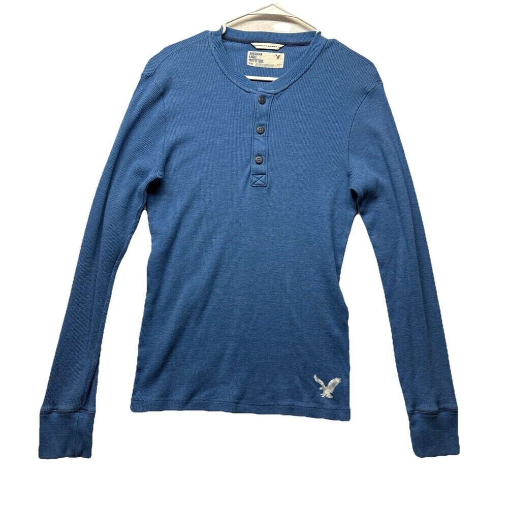 American Eagle Shirt Men Medium Y2K Ribbed Cotton Henley Blue Soft Long Sleeve